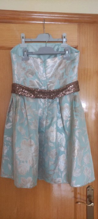 Vestido fiesta corto dorado y verde agua