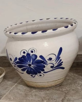 Macetero Cerámica Decorado Azul y Blanco