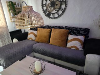 Sofá chaise longue tela gris y negro MUY comodo