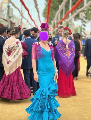 Vestido Flamenca Diseño Azul y Rosa