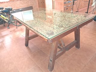 Mesa Trilla Madera con Cristal + Banca de regalo