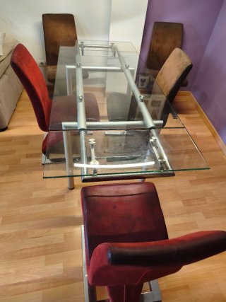 Mesa comedor cristal y 6 sillas terciopelo