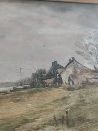 Cuadro paisaje con casas y barcos