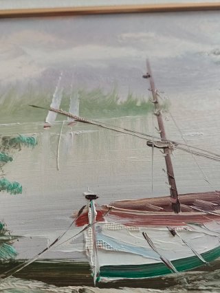 Cuadro Pintura Barco y Paisaje
