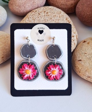 Pendientes artesanales flor rosa y gris