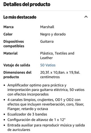 Amplificador de guitarra Marshall Negro/Dorado