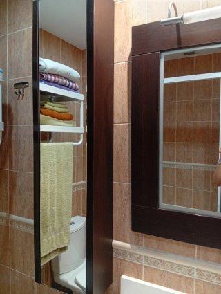 Mueble columna baño madera y espejo en puerta