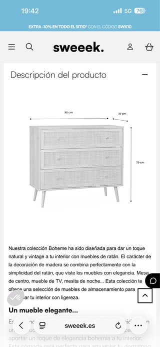 Cómoda 3 cajones verde ratán