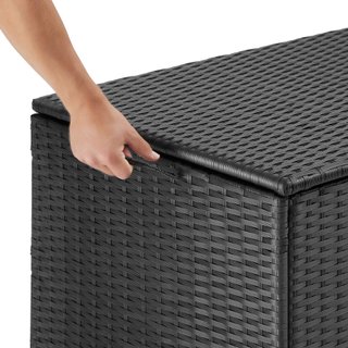 Baúl de jardín de ratán sintético con ruedas 117x54x64 cm negro