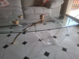 Mesa centro cristal y metacrilato hoja dorada