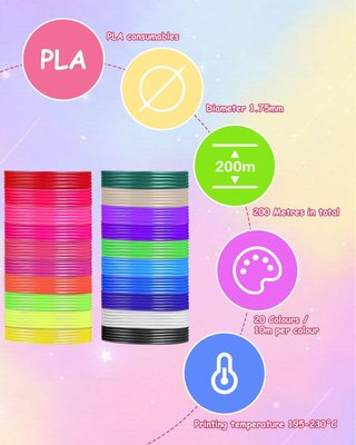 Filamento PLA 3D Bixury per penna 3D, 20 colori, 200 m