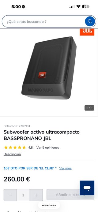 Subwoofer Coche JBL Basspro Nano Negro