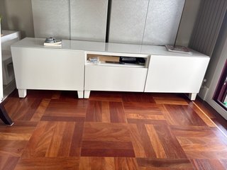 Mueble TV blanco y madera con cristal largo 180,