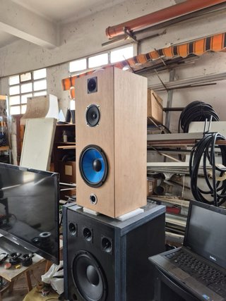 Altavoces de madera con cono azul