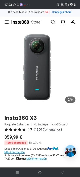 Insta360 X3 Cámara de Acción 360