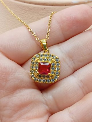 Collar Acero Bañado Oro 18k con Piedra Roja