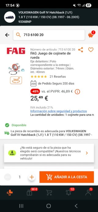 Cojinete Rodamiento FAG 713610020 Golf VW Audi Sea