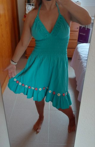 Vestido playero verde flores S