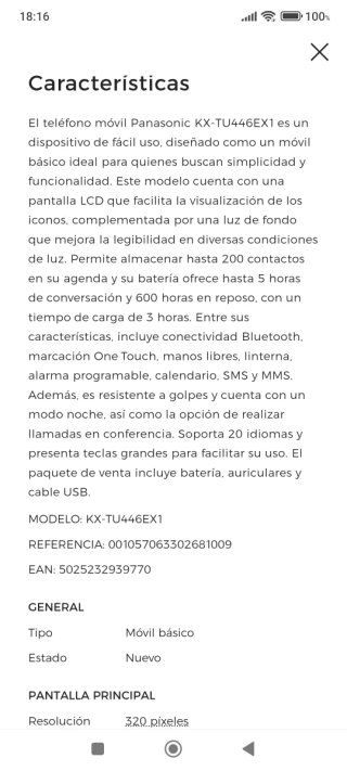 Teléfono Móvil Panasonic KX-TU446 EX1