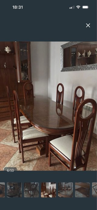 Mesa comedor caoba con cristal y 6 sillas