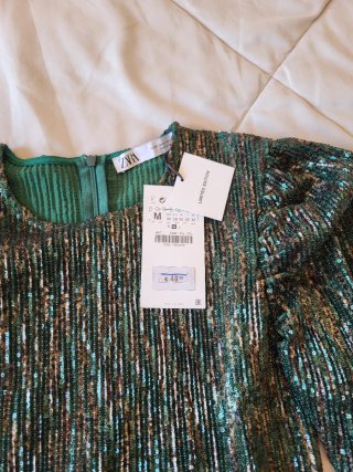 Vestido lentejuelas Zara verde y dorado Talla M