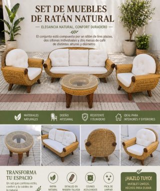 Conjunto Muebles Ratán Natural Sofá Silla Mesa