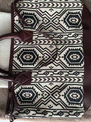 Bolso Tote Lona y Piel Sintético Beige/burdeos/neg