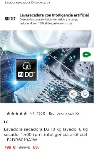 LAVADORA SECADORA LG 10 KG INTELIGENCIA ARTIFICIAL
