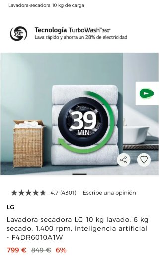LAVADORA SECADORA LG 10 KG INTELIGENCIA ARTIFICIAL