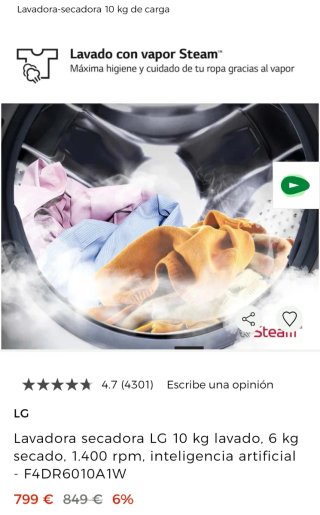 LAVADORA SECADORA LG 10 KG INTELIGENCIA ARTIFICIAL