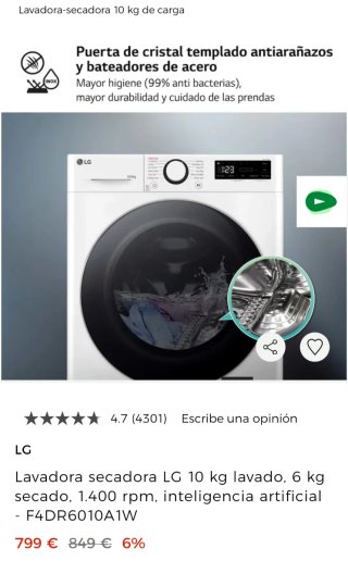 LAVADORA SECADORA LG 10 KG INTELIGENCIA ARTIFICIAL