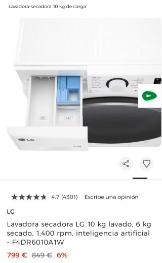 LAVADORA SECADORA LG 10 KG INTELIGENCIA ARTIFICIAL