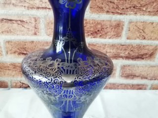 Vaso Vetro Blu Cobalto Decorazioni Argento