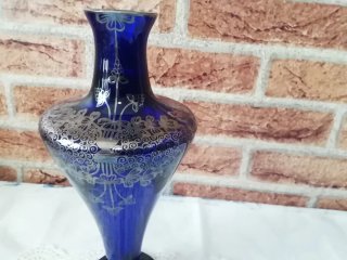 Vaso Vetro Blu Cobalto Decorazioni Argento