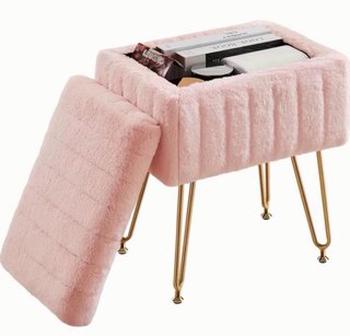 Taburete Rosa Pelo Sintético Patas Doradas