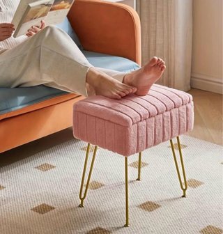 Taburete Rosa Pelo Sintético Patas Doradas