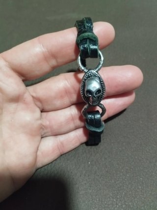 2 Pulseras Cuero Calavera Plata