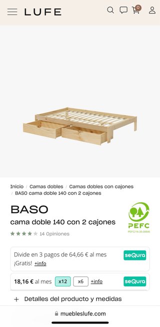 Cama LUFE 140x200 con 4 cajones