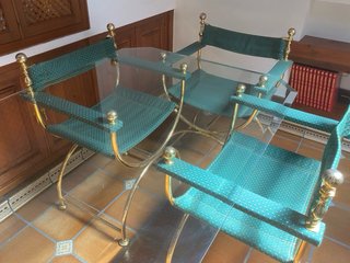 Conjunto de 6 sillas de tela con metal dorado