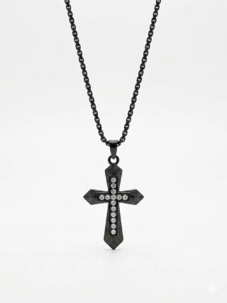 Collar Cruz Acero Inoxidable Negro con piedras