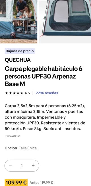 Carpa plegable habitáculo 6 personas UPF30 Arpenaz