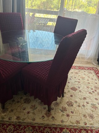 Mesa cristal redonda 4 sillas tela