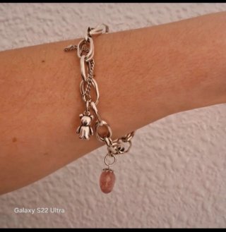 Pulsera Plata 925 Oso y Piedra Rosa