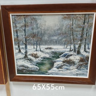 Cuadro paisaje invernal río nieve