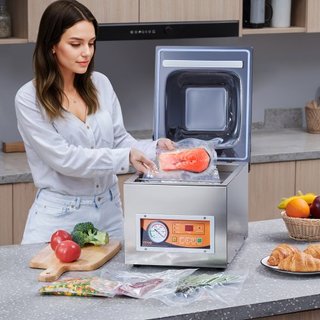 Sellador al vacío de cámara, 260W de potencia de sellado, máquina de envasado al vacío para alimentos húmedos, carnes, marinadas y más, tamaño compacto con longitud de sellado de 260 mm, aplicable...