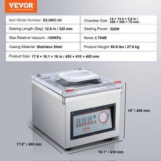 Sellador al vacío de cámara, 320W de potencia de sellado, máquina de envasado al vacío para alimentos húmedos, carnes, marinadas y más, tamaño compacto con longitud de sellado de 320 mm, aplicable...