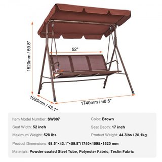Silla Colgante de Patio para 3 Personas, Silla Colgante de Patio al Aire Libre con Dosel Ajustable, Silla de Porche con Descansabrazos, Tela Teslin y Estructura de Acero Aleado, para Balcón, Jardí...