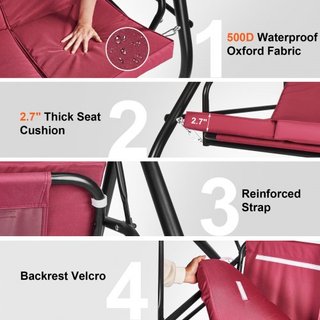 Silla Colgante de Patio para 3 Personas, Columpio con Dosel Convertible, Patio Exterior con Dosel Ajustable, Cojín Grueso Desmontable y Estructura de Acero Aleado, para Balcón, Jardín, Junto a la ...