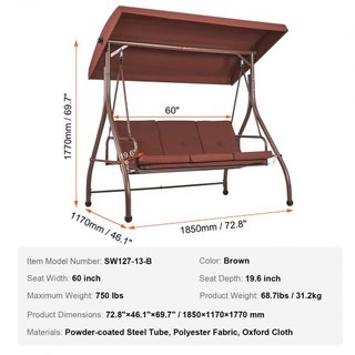 Silla Colgante de Patio para 3 Personas, Columpio con Dosel Convertible, Patio Exterior con Dosel Ajustable, Cojín Grueso Removible y Estructura de Acero Aleado, para Balcón, Jardín, Junto a la Pi...