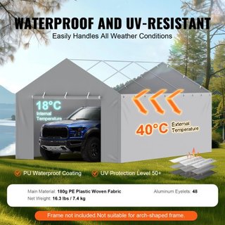 Cubierta de Lona para Carport Reemplazo Pared Lateral 12 x 20 pies, Refugio de Garaje Toldo Resistente al Agua y Protegido contra UV, Instalación Fácil con Bungee de Bola, Gris (Parte Superior y E...